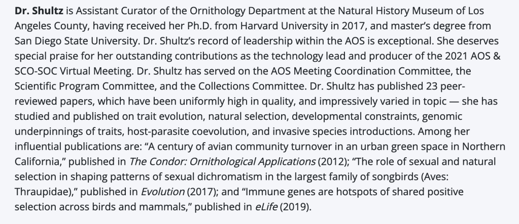 Description of Allison's Award from American Ornithological Society 