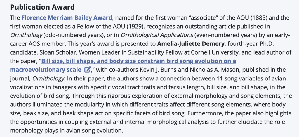 Description of Amelia's award from the American Ornithological Society 